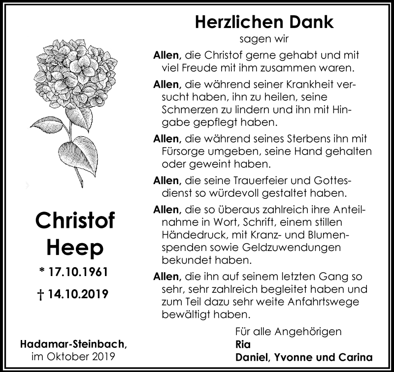  Traueranzeige für Christof Heep vom 26.10.2019 aus RMZ