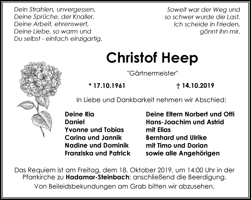  Traueranzeige für Christof Heep vom 16.10.2019 aus RMZ