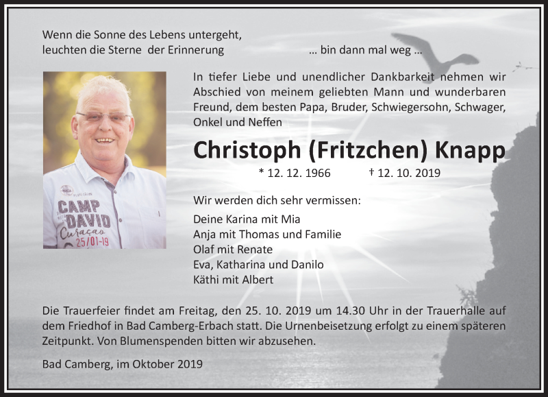  Traueranzeige für Christoph Knapp vom 19.10.2019 aus RMZ