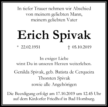 Traueranzeige von Erich Spivak von RMZ