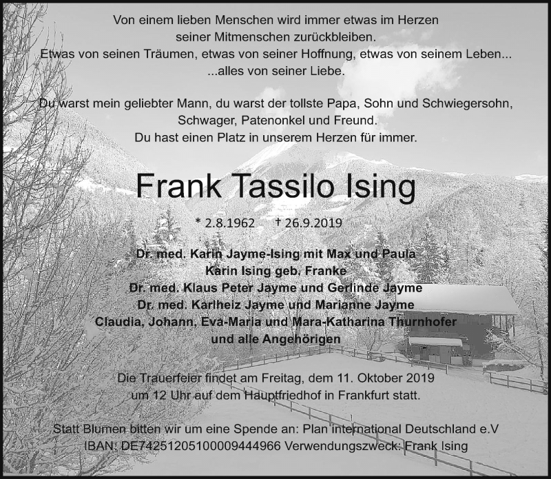  Traueranzeige für Frank Tassilo Ising vom 05.10.2019 aus RMZ