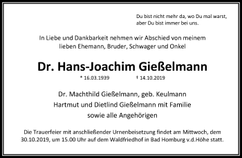 Traueranzeige von Hans-Joachim Gießelmann von RMZ