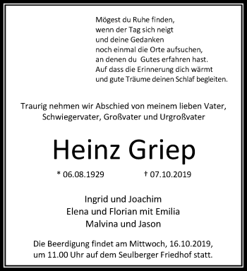 Traueranzeige von Heinz Griep von RMZ