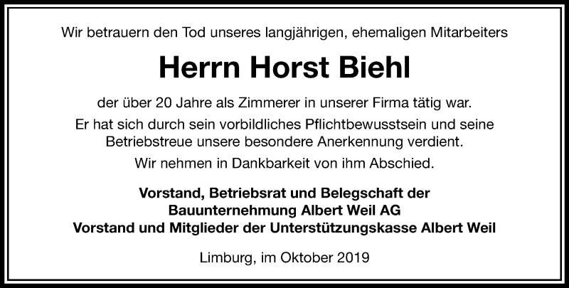  Traueranzeige für Horst Biehl vom 09.10.2019 aus RMZ