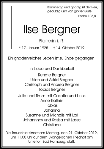 Traueranzeige von Ilse Bergner von RMZ