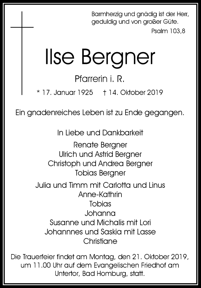 Traueranzeigen von Ilse Bergner | trauer-rheinmain.de