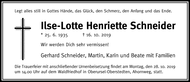  Traueranzeige für Ilse-Lotte Henriette Schneider vom 19.10.2019 aus RMZ