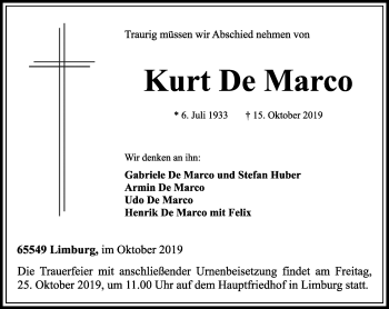 Traueranzeige von Kurt De Marco von RMZ
