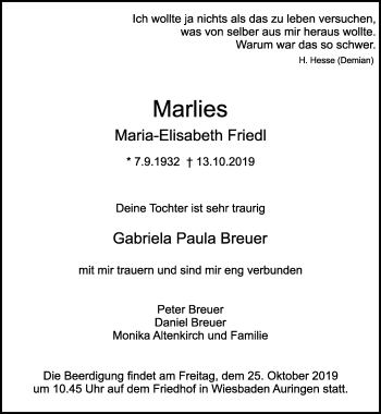 Traueranzeige von Maria-Elisabeth Friedl von RMZ