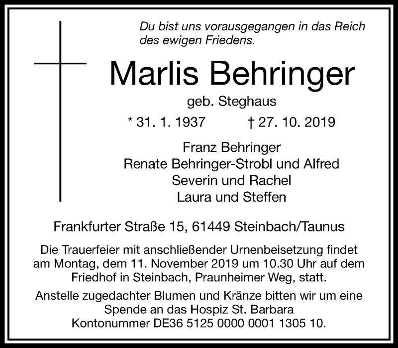  Traueranzeige für Marlis Behringer vom 02.11.2019 aus RMZ