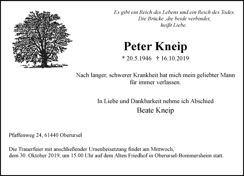  Traueranzeige für Peter Kneip vom 23.10.2019 aus RMZ