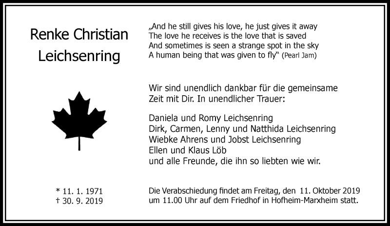  Traueranzeige für Renke Christian Leichsenring vom 09.10.2019 aus RMZ