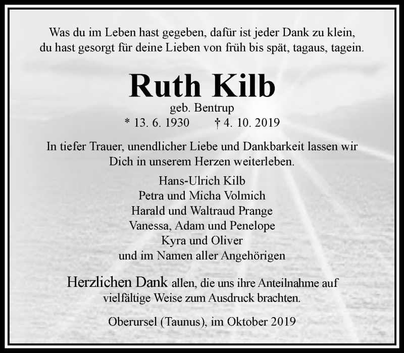 Traueranzeige für Ruth Kilb vom 19.10.2019 aus RMZ