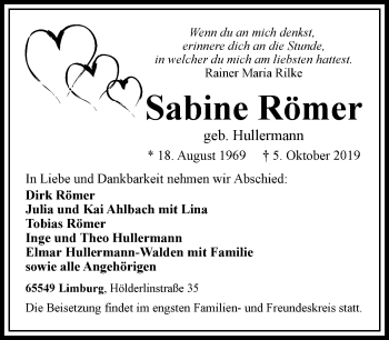Traueranzeige von Sabine Römer von RMZ