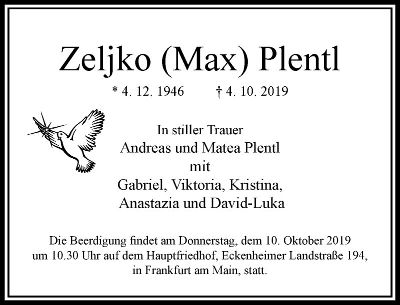  Traueranzeige für Zeljko Plentl vom 08.10.2019 aus RMZ