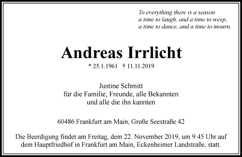  Traueranzeige für Andreas Irrlicht vom 16.11.2019 aus RMZ