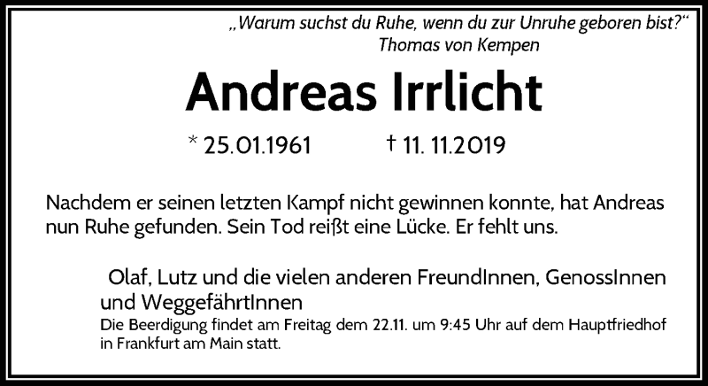  Traueranzeige für Andreas Irrlicht vom 19.11.2019 aus RMZ