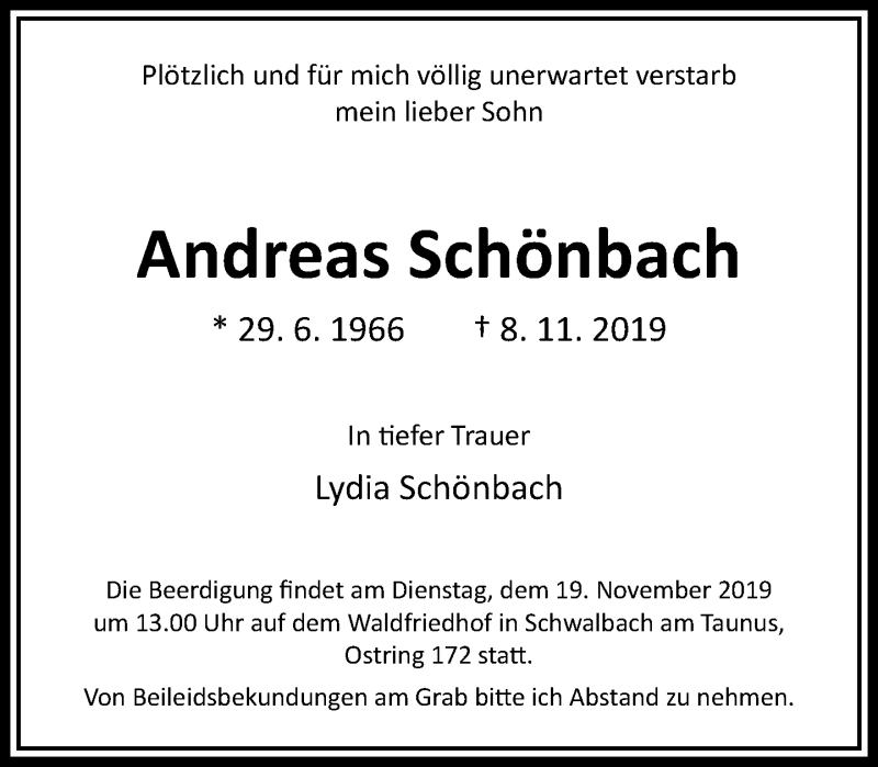  Traueranzeige für Andreas Schönbach vom 13.11.2019 aus RMZ
