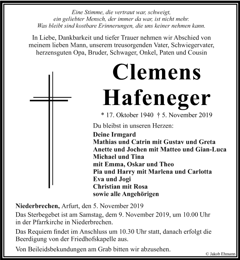  Traueranzeige für Clemens Hafeneger vom 08.11.2019 aus RMZ