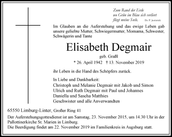 Traueranzeige von Elisabeth Degmair von RMZ