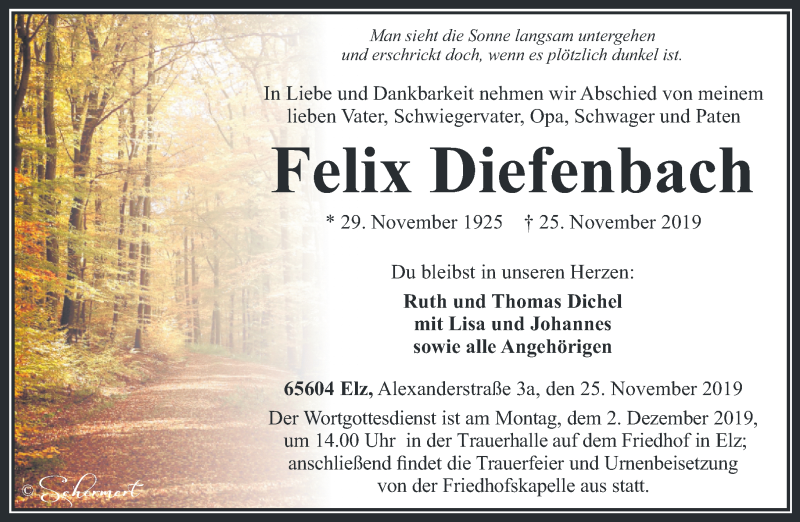  Traueranzeige für Felix Diefenbach vom 29.11.2019 aus RMZ