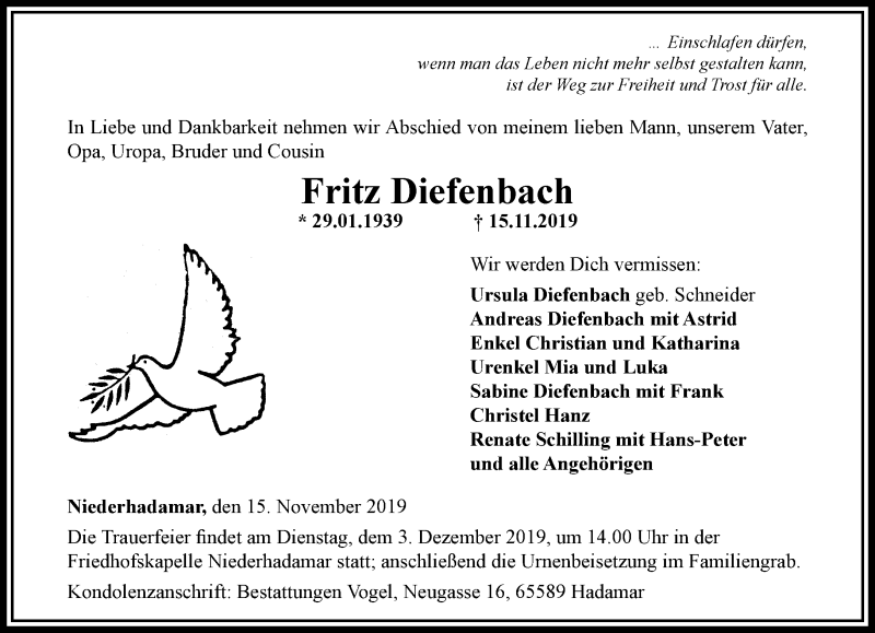  Traueranzeige für Fritz Diefenbach vom 20.11.2019 aus RMZ