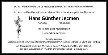 Traueranzeige von Hans Günther Jecmen von RMZ