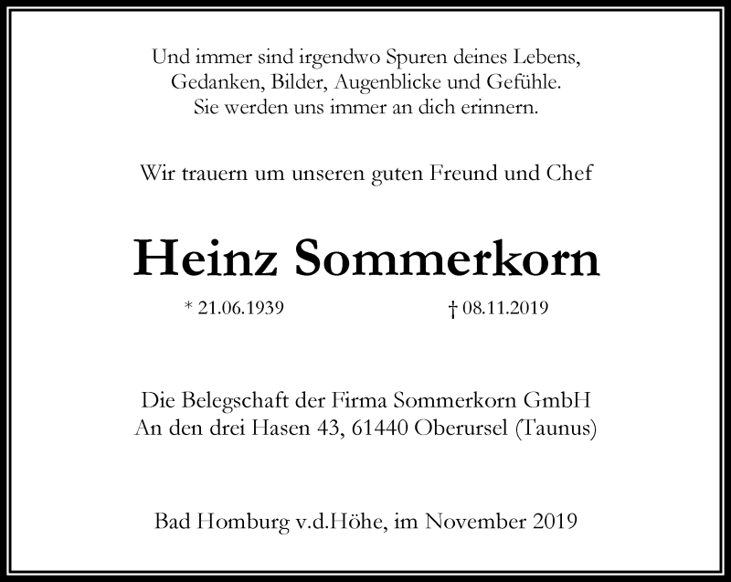  Traueranzeige für Heinz Sommerkorn vom 23.11.2019 aus RMZ