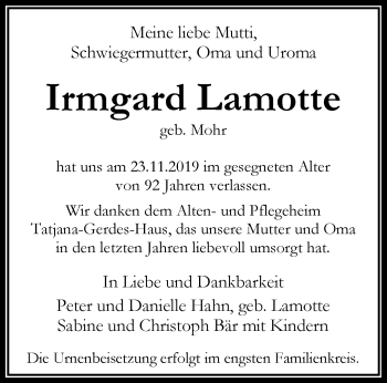Traueranzeige von Irmgard Lamotte von RMZ