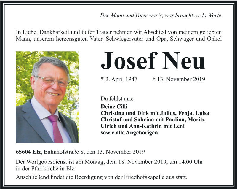  Traueranzeige für Josef Neu vom 15.11.2019 aus RMZ