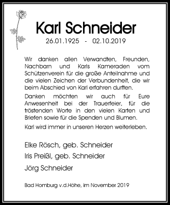 Traueranzeige von Karl Schneider von RMZ