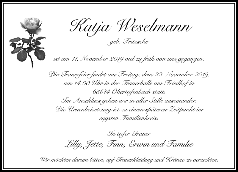  Traueranzeige für Katja Weselmann vom 19.11.2019 aus RMZ