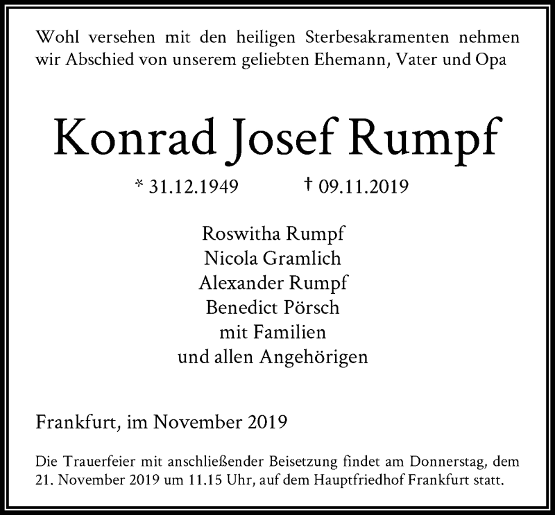  Traueranzeige für Konrad Josef Rumpf vom 16.11.2019 aus RMZ