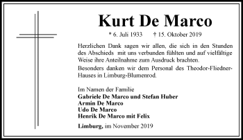 Traueranzeige von Kurt De Marco von RMZ