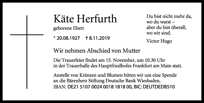  Traueranzeige für Käthe Herfurth vom 13.11.2019 aus RMZ