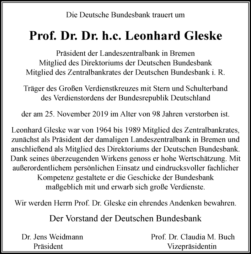  Traueranzeige für Leonhard  Gleske vom 30.11.2019 aus RMZ