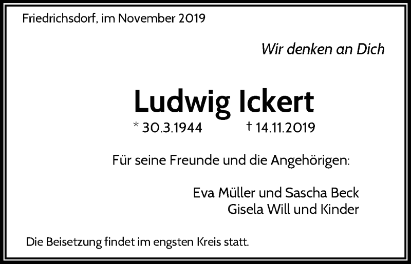  Traueranzeige für Ludwig Ickert vom 23.11.2019 aus RMZ