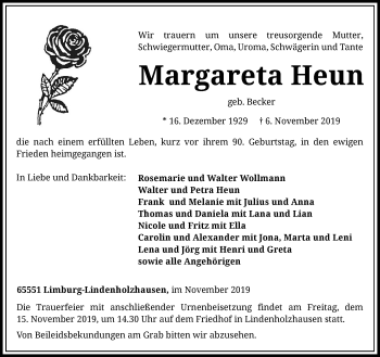 Traueranzeige von Margareta Heun von RMZ