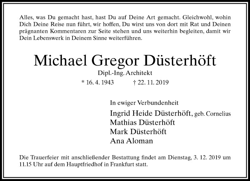  Traueranzeige für Michael Gregor Düsterhöft vom 30.11.2019 aus RMZ
