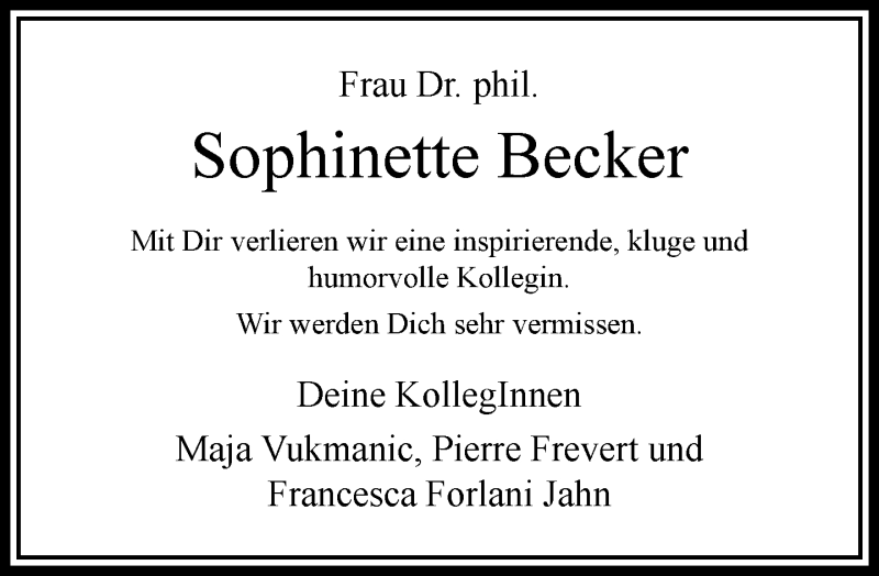  Traueranzeige für Sophinette Becker vom 02.11.2019 aus RMZ