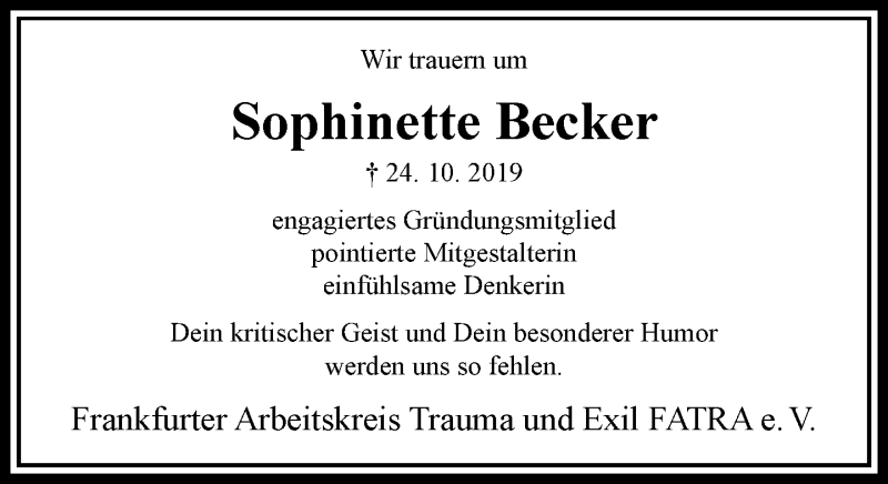  Traueranzeige für Sophinette Becker vom 04.11.2019 aus RMZ