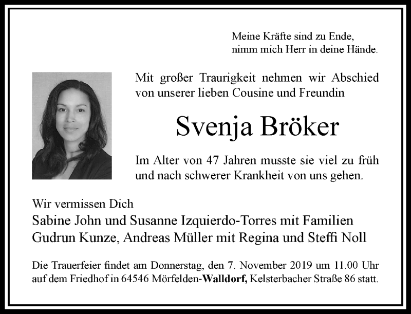  Traueranzeige für Svenja Bröker vom 02.11.2019 aus RMZ