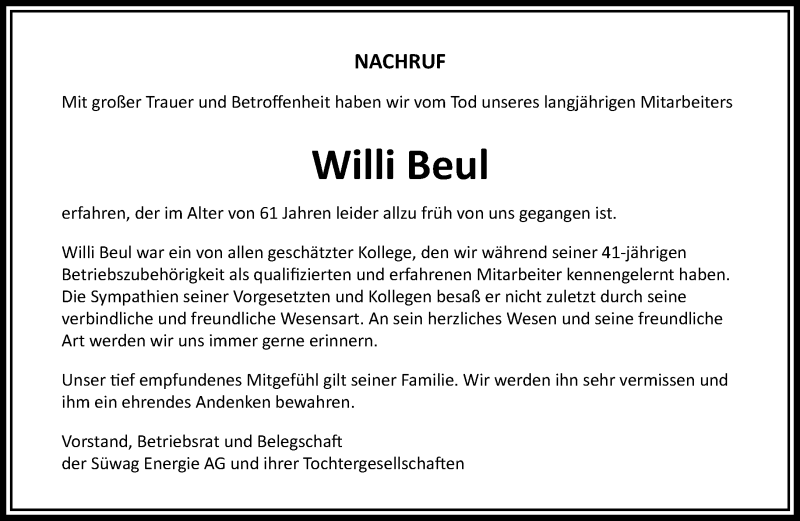 Traueranzeige für Willi Beul vom 29.11.2019 aus RMZ