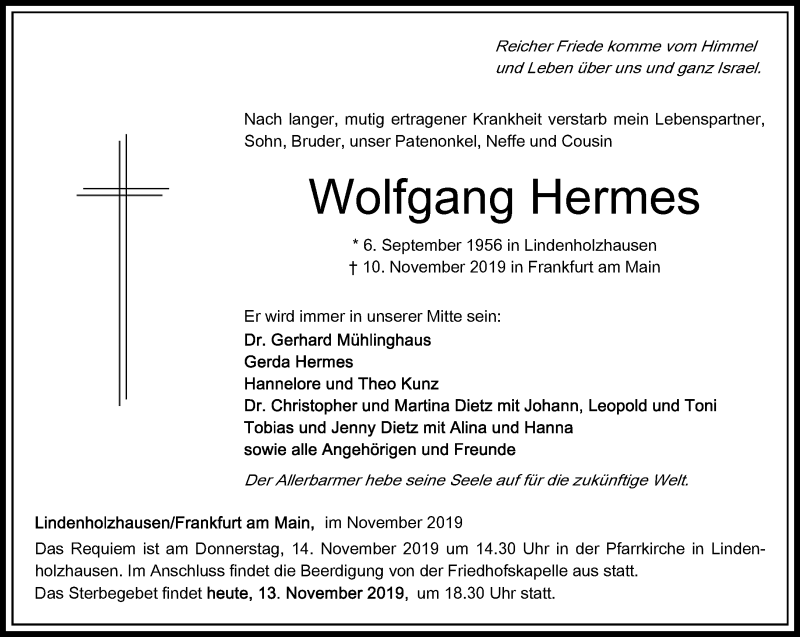 Traueranzeige für Wolfgang Hermes vom 13.11.2019 aus RMZ