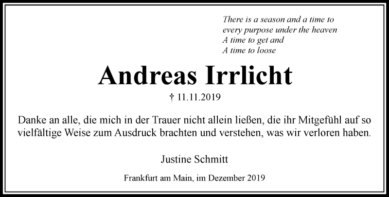  Traueranzeige für Andreas Irrlicht vom 14.12.2019 aus RMZ