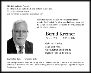 Traueranzeige von Bernd Kremer von RMZ
