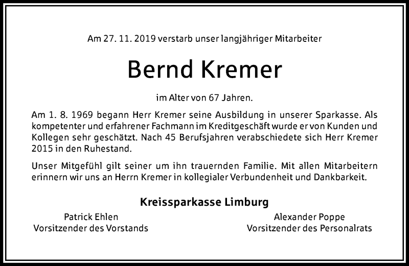  Traueranzeige für Bernd Kremer vom 05.12.2019 aus RMZ