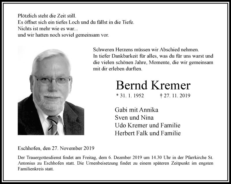  Traueranzeige für Bernd Kremer vom 04.12.2019 aus RMZ