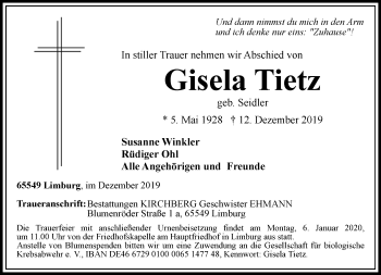 Traueranzeige von Gisela Tietz von RMZ