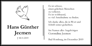 Traueranzeige von Hans Günther Jecmen von RMZ